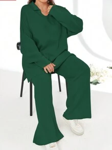 EURMUSE 2pcs/Set Solid Color Turn-Down Collar Sweater And Long Pants Outfit - Dark Green - View 3
