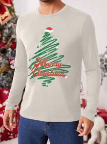 Manfinity VCAY 男士圣诞树印花修身标准领长袖休闲T恤，适合秋季、圣诞节、家庭/情侣套装 - 灰色 - 查看 4