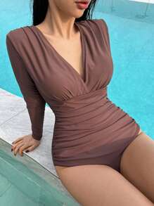 DAZY Traje de baño de una pieza con cuello en V sólido y manga larga casual para mujer, adecuado para uso diario, para vacaciones de verano en la playa - Marrón - Ver 4