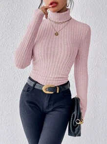 SHEIN Frenchy Camiseta de punto con textura y cuello alto acanalado