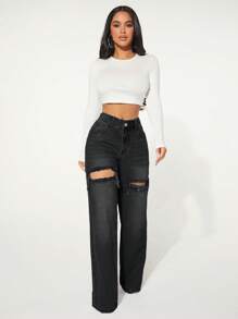 SHEIN BAE Casual Washed Distressed Straight Leg Jeans - Dark Grey - View 3