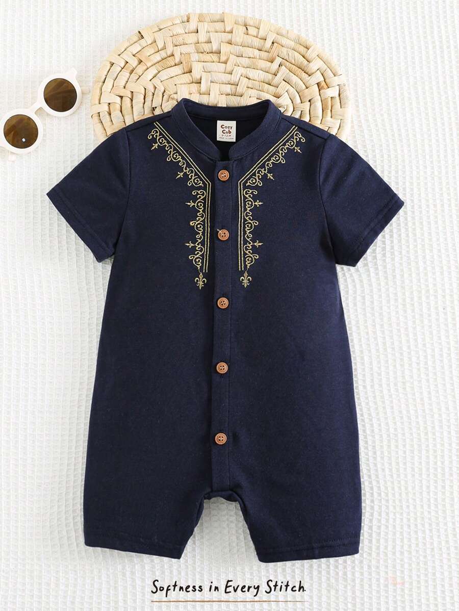 Cozy Pixies Baby Jungen Muster bestickte Stehkragen Kurzarm Romper Shorts, lässig & vielseitig, geeignet für Sommerwetter, drinnen und Outdoor