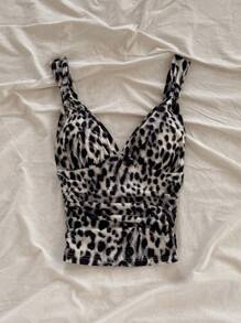 Soleia 休闲浪漫度假打结肩带褶饰修身豹纹背心 - 黑與白 - 查看 3