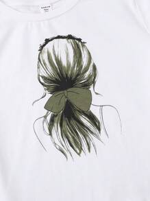 SHEIN 2 件青少年女孩白色针织蝴蝶印花 T 恤和腰带蝴蝶工装裤套装，适合居家、休闲、节日、午餐、音乐节、郊游、春夏 - 軍綠色 - 查看 5