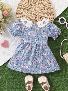 Baby Girl Peter Pan Collar Short Sleeve Floral Print Casual Dress