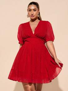 SHEIN BAE Robe d'été/printemps élégante et décontractée pour femmes grandes tailles, manches bouffantes rouges, col V, coupe évasée. Robe mini chic, ajustée à la taille, robe en mousseline à pois. Robe de graduation, robe invitée de mariage, robe de soirée