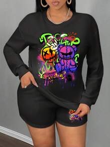 Slaydiva 2pcs Plus Size Women Casual Round Neck Letter & Cartoon Bear Graphic Long Sleeve Sweatshirt With Shorts Set, Suitable For Spring, Autumn & Winter