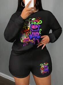 Slaydiva 2pcs Plus Size Women Casual Round Neck Letter & Cartoon Bear Graphic Long Sleeve Sweatshirt With Shorts Set, Suitable For Spring, Autumn & Winter