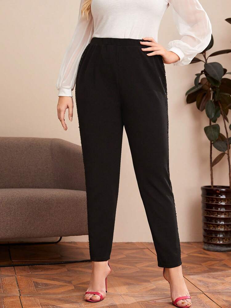 Plus Sequin Panel Solid Pants
