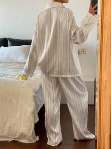 Livesso 条纹印花丝缎宽松睡衣套装，秋装 - 杏色 - 查看 2