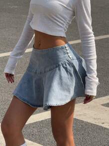 Muchica 女士纯色牛仔休闲 A 字裙，简约时尚日常穿着 - 藍色 - 查看 4