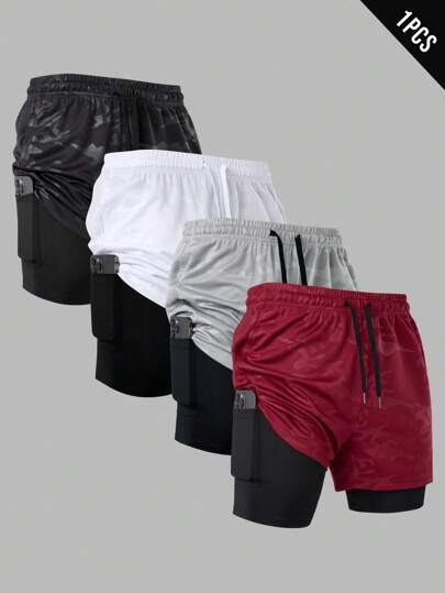 Manfinity Sport Corelite Men's Solid Color Simple Fashionable Casual Sports Shorts, Daily Wear Comfortable Breathable Baggy For Gym Long Runs 2 In 1 Performance Shorts