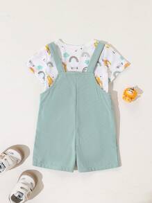 SHEIN Playful Pals 2 件套男婴幼儿卡通狮子印花短袖上衣和狮子刺绣围兜短裤套装，适合春夏季，室内外，日常穿着 - 綠色 - 查看 2