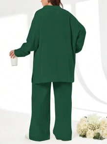 EURMUSE 2pcs/Set Solid Color Turn-Down Collar Sweater And Long Pants Outfit - Dark Green - View 2