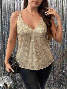 SHEIN Unity Plus Size Women Solid Color Sequin Decor Loose Gold Camisole Top For Holiday Party Clothes