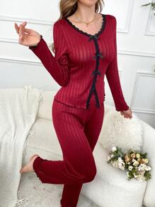 Two-Tone Ruffle & Bow Decor Hem Slit Waist Long Sleeve Pajama Set For Women - Red - View 6
