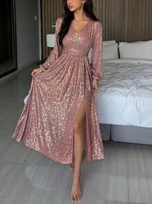 DAZY V-Neck Leopard Print Long Sleeve Cinched Waist Women's Fashionable Side Slit Nightgown Pajama - Pink - View 3