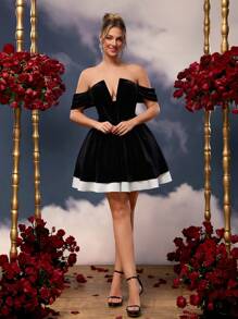 SHEIN Belle Elegante abito da cocktail nero di lusso in velluto, a linea ad A con spalle scoperte, abito da ospite di matrimonio, abito da festa, abito da ballo - nero - Visualizzare 5