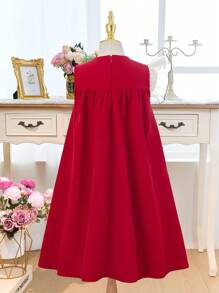 SHEIN Vestido A-line con bloque de color, decoración de moño y mangas cortas para niña preadolescente