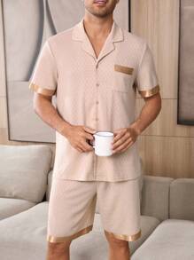 CoupledUp Jacquard Lapel Short Sleeve Contrast Ribbon Men's Sleepwear Set - Apricot - View 6