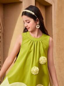 Tween Girl Green & Yellow Patchwork 3D Floral A-Line Dress
