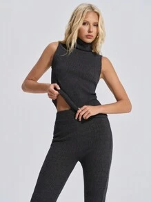 RueChic Grey Turtle Neck Top And Pants Set Simple Fashion Daily Casual - Dark Grey - View 4