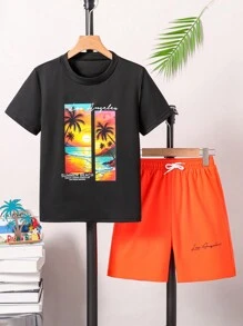 2pcs/Set Tween Boys Beach Holiday West Coast Graphic Print Round Neck Short Sleeve T-Shirt And Drawstring Sports Shorts, Spring/Summer
