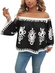 SHEIN LUNE Contrast Color Print Off-Shoulder Flared Sleeve Plus Size Blouse Summer Going Out Spring Outfits For Women Summer Boho Old Money Summer Outfits For Women St Patrick Day Outfit Easter Summer Outfits Spring Outfits For Women Beach Saint Patrick Easter Lounge Sets For Women Summer Vacation Outfits Woman Easter Rave Outfits Festival Boho Women Clothing Country Outfits Women Country Concert Outfit