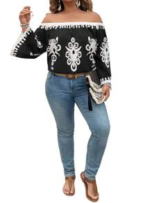 SHEIN LUNE Contrast Color Print Off-Shoulder Flared Sleeve Plus Size Blouse Summer Going Out Spring Outfits For Women Summer Boho Old Money Summer Outfits For Women St Patrick Day Outfit Easter Summer Outfits Spring Outfits For Women Beach Saint Patrick Easter Lounge Sets For Women Summer Vacation Outfits Woman Easter Rave Outfits Festival Boho Women Clothing Country Outfits Women Country Concert Outfit