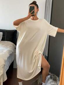 DAZY Minimalist Heart Pattern Textured Fabric Loose Fit House Dress Pajama - Beige - View 3