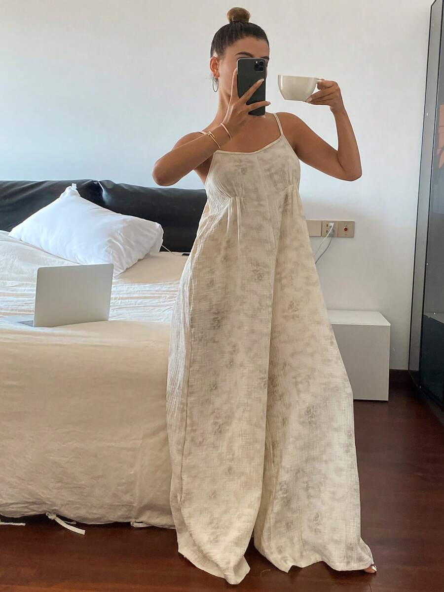 Livesso Chinese Style Tie-Dye Print Crinkle Fabric Camisole Jumpsuit Pajama - White - View 1