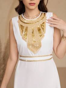 SHEIN 2pcs Teen Girls Fashion Foil Print Dress Set, Elegant Long Robe - White - View 5