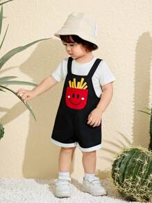 SHEIN Casual Sports Cute & French Fries Pattern Drop Shoulder Loose Knitted Romper Suitable For Baby Boys And Baby Girls, Spring/Summer Wear, Indoor And Outdoor