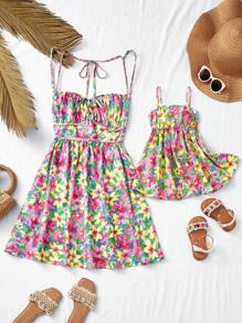 Đầm in hoa mùa hè cho bé gái và mẹ - Đỏ - Xem 5