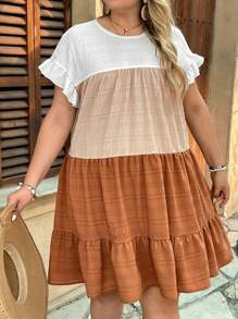 SHEIN VCAY Plus Size Casual Holiday Island Daily Round Neck Colorblock Textured Fabric Short Sleeve A-Line Loose Tunic Mini Dress, Western Wear, Festival, Boho, Hippie, Cowgirl, Bohemian, Summer Outfits For Women, Beach, Summer Clothes For Women, St. Patrick's Day Outfit, Spring Outfits For Women