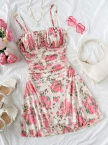 Soleia Vestido corto de verano con diseño floral de malla y drapeado sin espalda con tirantes para primavera y vacaciones - Multicolor - Ver 1