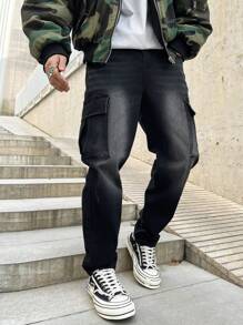 Manfinity Hypemode Men's Casual Washed Tapered Cargo Jeans - Black - View 3