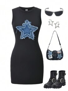 SHEIN Explorewe Tween Girls Round Neck Bodycon Star Embroidery Mini Dress - Black - View 5