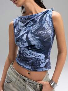 LYSMO Women's Blue Gray Printed Tank Top--Spring/Summer--2025New Arrival