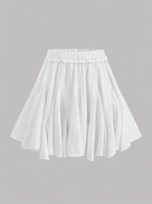 SHEIN Leap Crew 少女白色荷叶边下摆迷你裙、高腰百褶裙、芭蕾短裙、派对装、街头装、夏季/秋季裙子、白色裙子、适合青少年的白色迷你裙 - 白色 - 查看 5