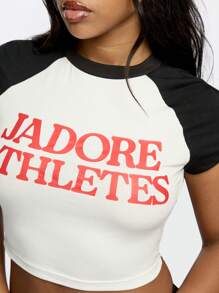 SUMWON WOMEN Athletes Crop Top Baby Tee Raglan Style Retro Athletics Gym Sports Workout Tee Urban Streetwear Fashion Statement