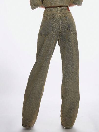 MISSGUIDED Pantalones vaqueros holgados de Y2K de estilo revival, con impresión de monograma de diseñador, pierna recta, cintura alta, casuales, de moda callejera, para otoño e invierno