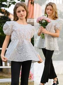SHEIN 2pcs/Set Tween Girl Ruffled Sleeve Button-Up Shirt & Flare Pants, Elegant Girl Outfits, Wedding Ceremony & Elegant Cute Style, Floral/Partial Decoration, Without Traditional Patterns