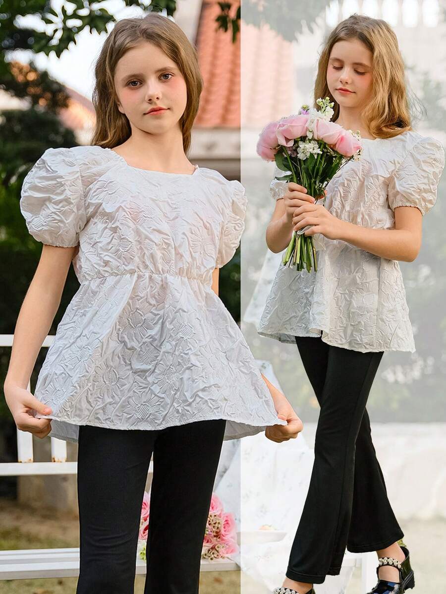 SHEIN 2pcs/Set Tween Girl Ruffled Sleeve Button-Up Shirt & Flare Pants, Elegant Girl Outfits, Wedding Ceremony & Elegant Cute Style, Floral/Partial Decoration, Without Traditional Patterns