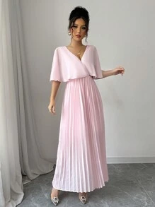 Elenzga Elegant Party, New Year, Valentine's Day Wearable Pink Butterfly Sleeve Pleated Cinched Waist A-Line Crossover V-Neck Backless Dress For Women, For Graduation