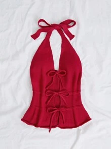 SHEIN Unity 纯色可爱蝴蝶结甜美女士针织毛衣，日常穿着 - 酒紅色 - 查看 4