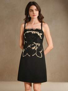 Elegant Floral Lace Short Camisole Mini Dress With Embroidery, Suitable For Summer, Valentine's Day, Vacation - Black - View 6