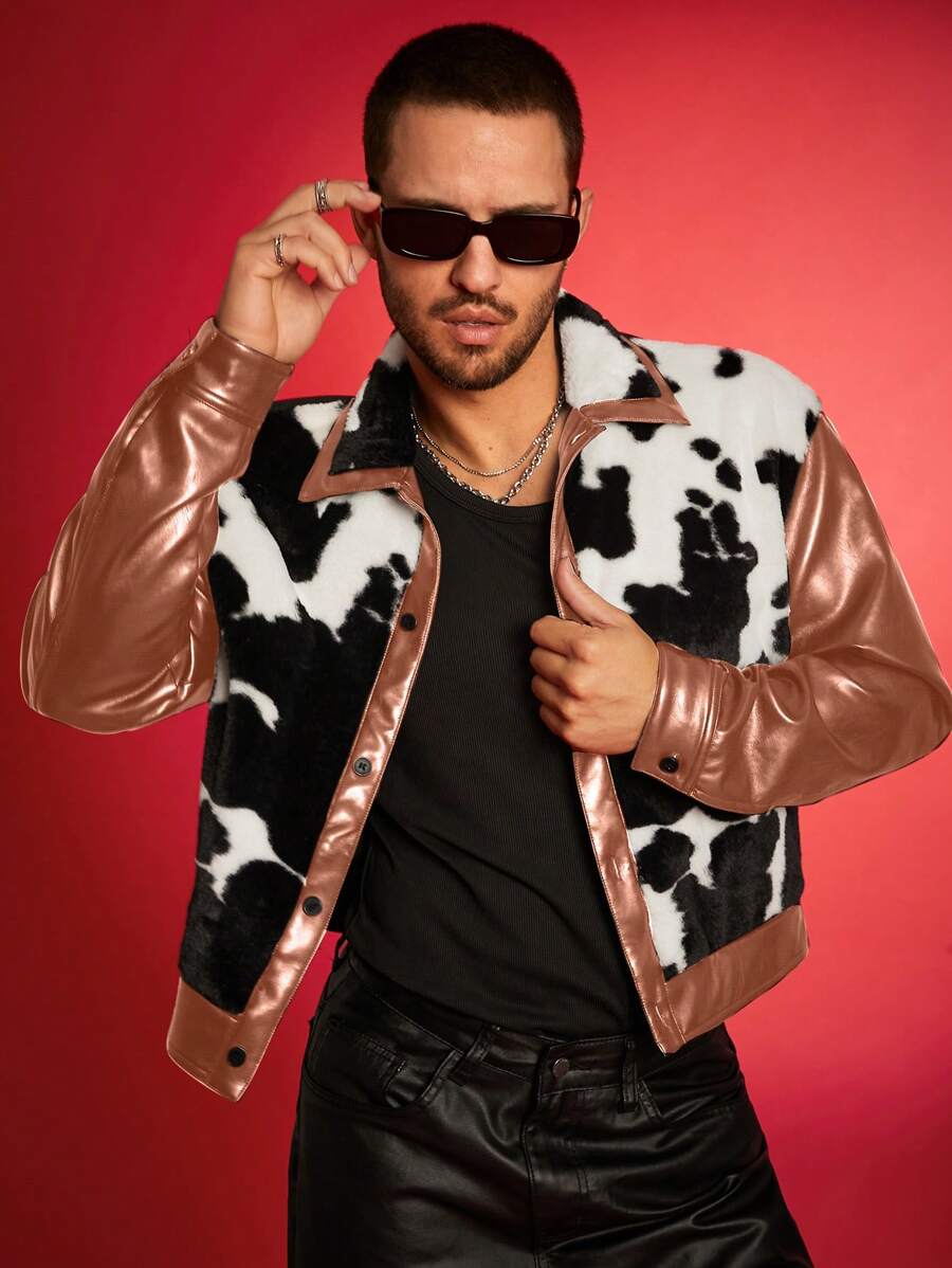 FeverCity Chaqueta de manga larga con estampado de vaca, de piel sintética y peluda para hombre