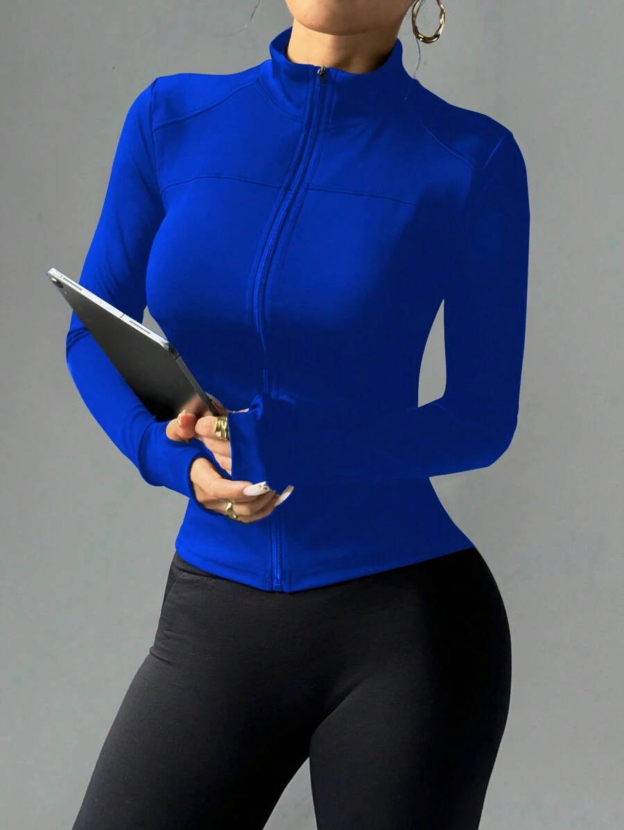 SHEIN Sports 修身运动跑步夹克,带拉链,弹力紧身休闲长袖瑜伽上衣 - 寶藍色 - 查看 1