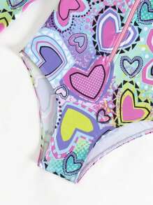 Tween Girl 心形印花拉链连帽连体泳衣，带头带、防晒